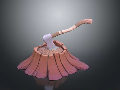 Rustic Wooden Stump Display With Stone Axe Head And Textured Surface 3d model