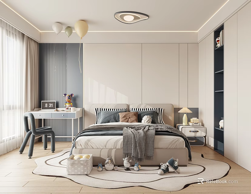 Modern Kids Room Interior Design With Bed Desk Chair Stuffed Toys Bookshelf Balloons And Rug 3d model 