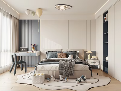 Modern Kids Room Interior Design With Bed Desk Chair Stuffed Toys Bookshelf Balloons And Rug 3d model