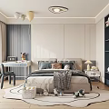 Modern Kids Room Interior Design With Bed Desk Chair Stuffed Toys Bookshelf Balloons And Rug