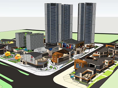 Vibrant Commercial Street With High Rise Towers And Low Rise Shops Featuring Mixed Styles 3d model