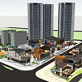 Vibrant Commercial Street With High Rise Towers And Low Rise Shops Featuring Mixed Styles