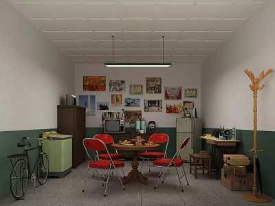 Vintage Room Interior With Red Chairs Dining Table Poster Wall Green Cabinet And Bicycle 3d model