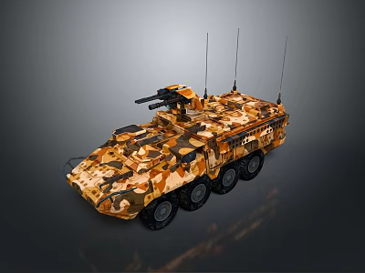Camouflaged Military Armored Tank With Multiple Wheels Turret Mounted Gun And Antennas 3d model