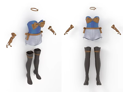 Blue Bow Top With White Shorts Brown Belt Arm Cuffs And Black Thigh High Boots 3d model