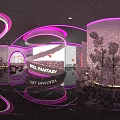 Fantasy Bar Interior with Purple Lighting Circular Decor Large Floral Sculpture and Reflective Floor