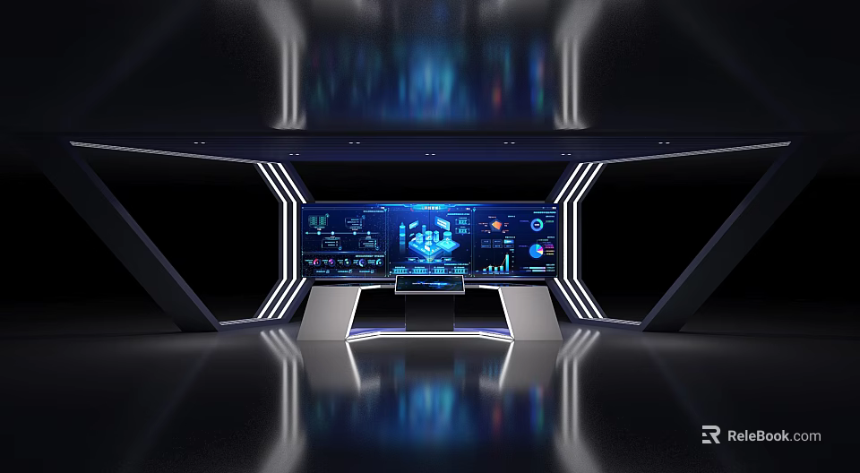 Futuristic Hi Tech Control Center With Large Blue Display And Interactive Data Interfaces 3d model