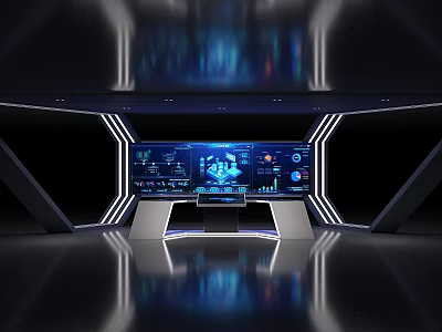 Futuristic Hi Tech Control Center With Large Blue Display And Interactive Data Interfaces 3d model