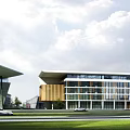 Modern Commercial Complex Design With Glass Facade Green Landscape And Vehicle Parking Area