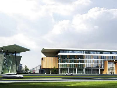 Modern Commercial Complex Design With Glass Facade Green Landscape And Vehicle Parking Area 3d model