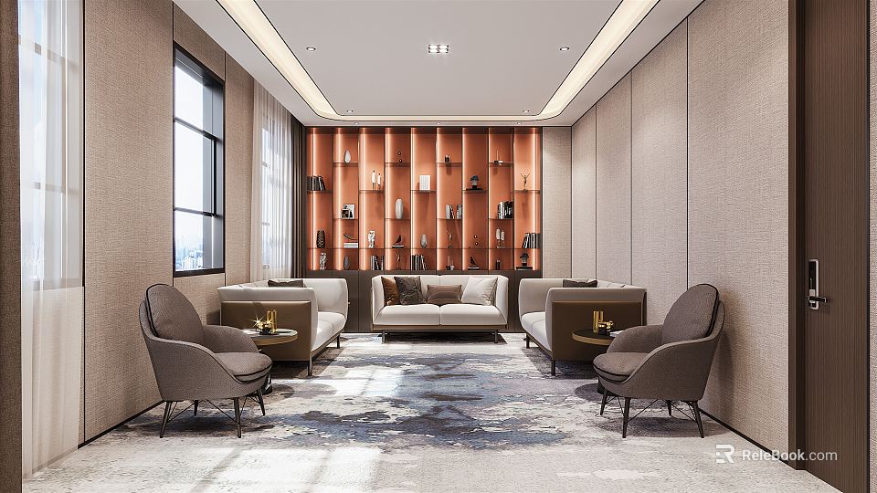 Modern Lounge Area With Comfortable Sofa Chairs Bookshelf And Decorative Rug 3d model 