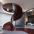 Modern Red Spiral Staircase With Curved Structure And Interior Hall Lighting Design