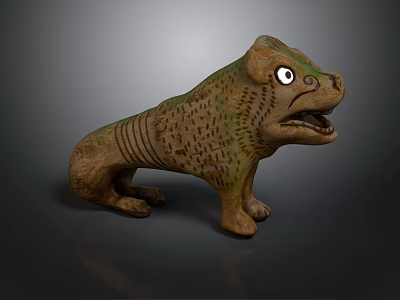 Animal Sculpture Carving With Brown Green Color Textured Surface White Eyes Open Mouth 3d model