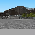 Modern Geometric Building Exterior With Metal Facade Glass Windows And Lawn Square Front Plaza