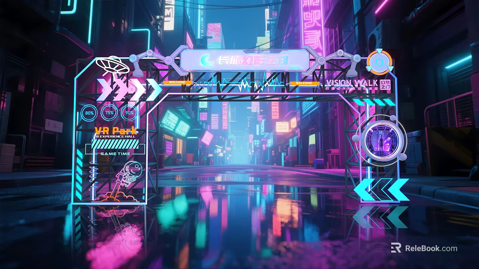 VR Park Cyberpunk Event Entrance Featuring Neon Signs Arrows And Reflective Ground 3d model 