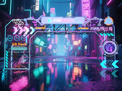 VR Park Cyberpunk Event Entrance Featuring Neon Signs Arrows And Reflective Ground 3d model