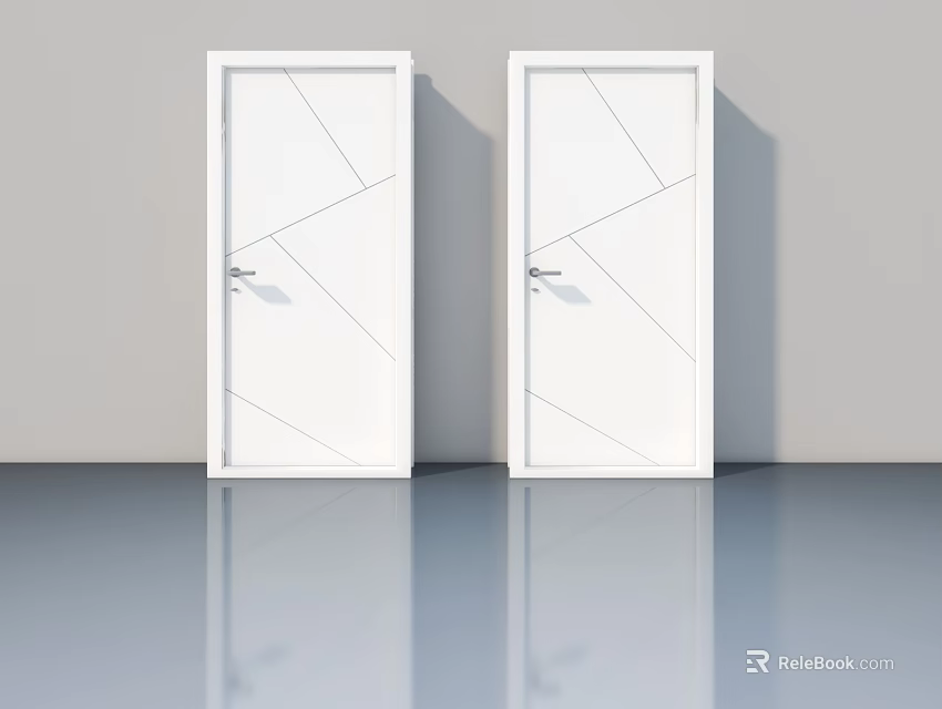 Modern White Swing Doors With Geometric Patterns On Gray Wall And Sleek Floor 3d model