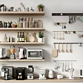 Organized Kitchen Shelves Featuring Various Kitchenware Appliances Jars And Hanging Utensils
