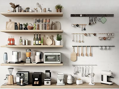 Organized Kitchen Shelves Featuring Various Kitchenware Appliances Jars And Hanging Utensils 3d model