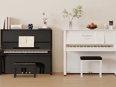 Elegant Instruments and Art Supplies Display With Black White Pianos Sheet Music And Stools 3d model