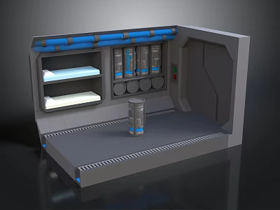 Starry Space Scenery View From Futuristic Cabin With Blue Lighting And Shelves 3d model
