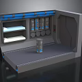 Starry Space Scenery View From Futuristic Cabin With Blue Lighting And Shelves