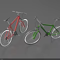 Red and Green Mountain Bicycles Parked Side by Side on Gray Background