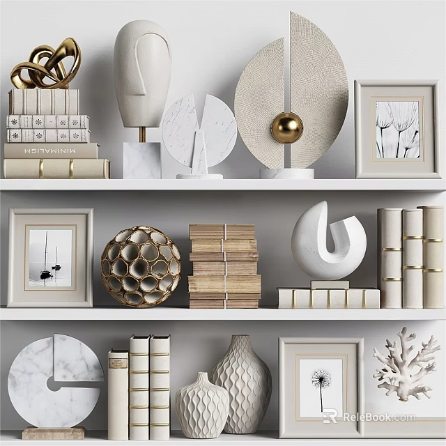 Decorative Ornament Set With Shelf Display Stacked Books Photo Frames Geometric Ornaments And Vase 3d model 