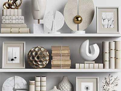Decorative Ornament Set With Shelf Display Stacked Books Photo Frames Geometric Ornaments And Vase 3d model