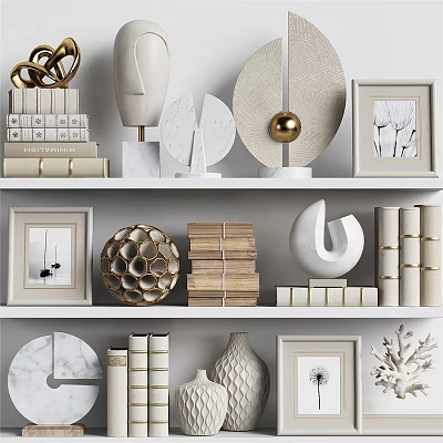 Decorative Ornament Set With Shelf Display Stacked Books Photo Frames Geometric Ornaments And Vase 3d model