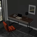 Modern Wooden Desk With Laptop Table Lamp And Orange Chair In Natural Light