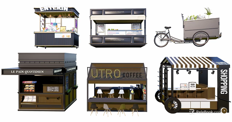 Diverse Mobile Food Carts Featuring Coffee Vendor And Street Snack Vehicles With Seating 3d model 