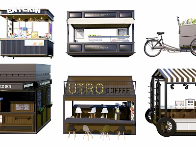 Diverse Mobile Food Carts Featuring Coffee Vendor And Street Snack Vehicles With Seating 3d model