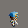 Man Wearing Blue Cap Oversized Glasses Colorful Patterned Outfit And Sneakers With Necklace