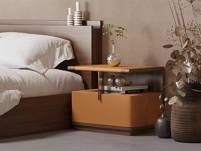 Wooden Bedroom Nightstand With Vase Green Plant And Stack Of Books 3d model
