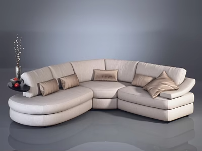 Beige Curved Sectional Sofa In Modern Living Room With Plush Cushions And Decorative Pillows 3d model