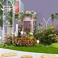 Decorative Garden Display Model With Green Plants Pink Flower Tree And White Railings 3d model