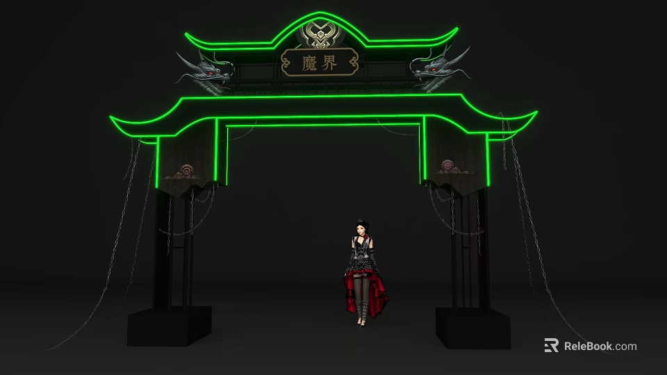Demon Realm Themed Event Gateway With Green Neon Lights And Dragon Decorations 3d model