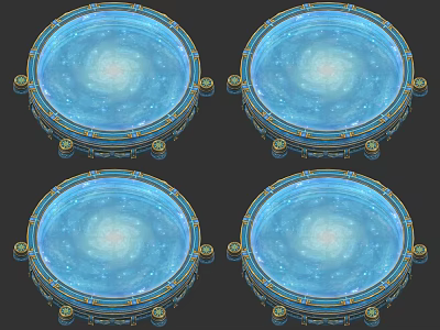 Garden Landscape Design Featuring Blue Circular Water Features With Golden Decorative Bases 3d model