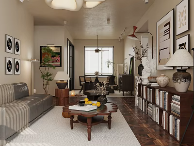 Cozy Vintage Style Living And Dining Room With Wooden Furniture And Elegant Art Decorations 3d model