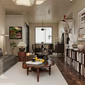 Cozy Vintage Style Living And Dining Room With Wooden Furniture And Elegant Art Decorations
