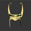 Golden Weapon Design with Curved Hooks and Green Accents on Base Stand