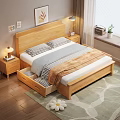 Natural Bedroom With Wooden Bed Storage Drawers Nightstand Table Lamp Decorative Paintings And Area Rug