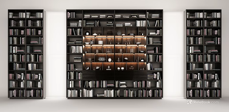 Modern Black Bookcase With Multi Tiered Shelves Illuminated Books And Decorative Items 3d model 