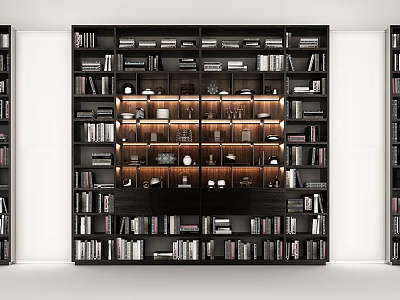 Modern Black Bookcase With Multi Tiered Shelves Illuminated Books And Decorative Items 3d model