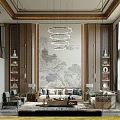 Elegant Duplex Living Room With Crystal Chandelier Landscape Painting Sofa And Decorative Cabinets