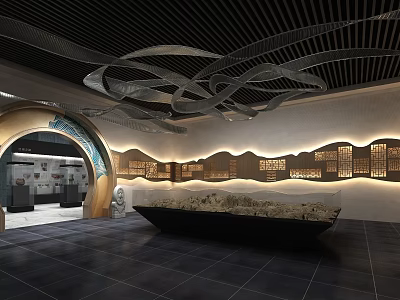Cultural Exhibition Hall Interior With Arched Entrance Wall Decor Ceiling Wave Structures And Lighting 3d model