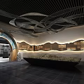 Cultural Exhibition Hall Interior With Arched Entrance Wall Decor Ceiling Wave Structures And Lighting