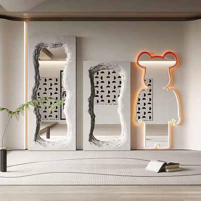 Stylish Irregular Design Mirrors And Bear Shaped Illuminated Mirror With Plant And Book On Floor 3d model