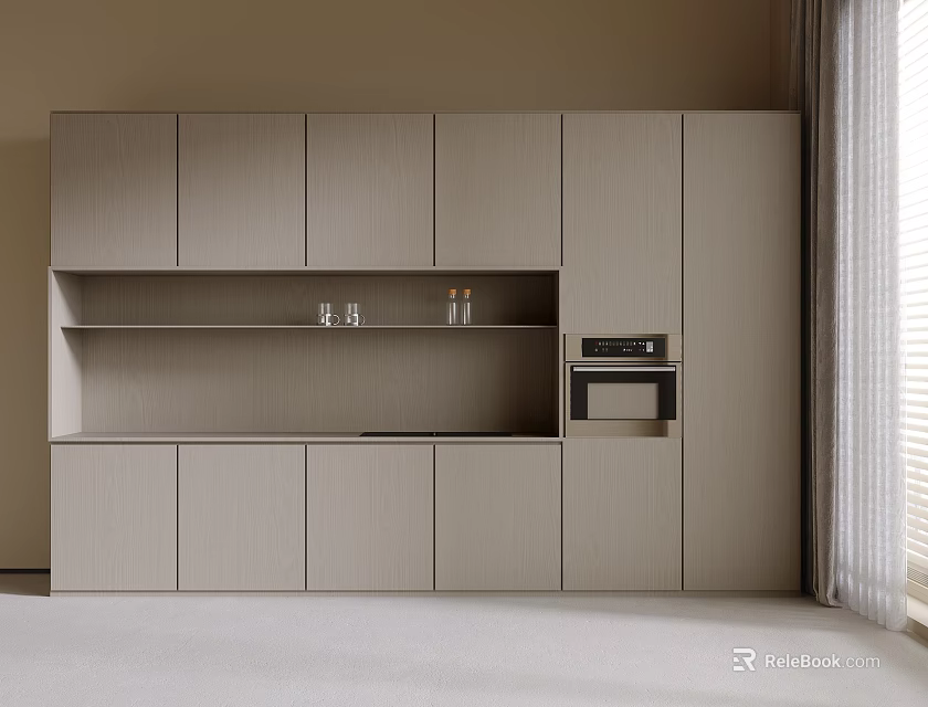 Modern Light Colored Kitchen Cabinets With Open Shelf Glassware Bottles And Built in Microwave 3d model 